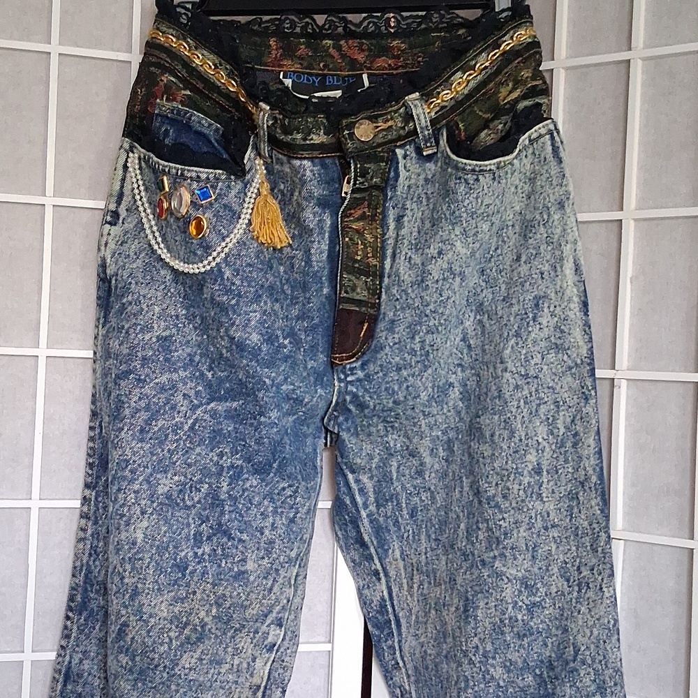 Vintage ,Unique Acid Washed Denim Baggy  Pants With Tapestry Accent And Gems